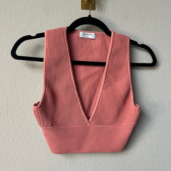 Aritzia Babaton Pink Ribbed V Neck Crop Top Size S - Picture 2 of 6